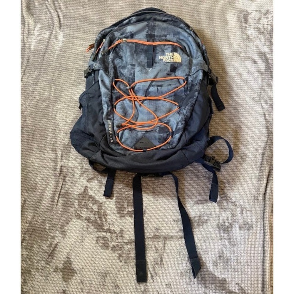 The North Face Borealis Backpack Gray Black Glitch Print Orange Accents FlexVent